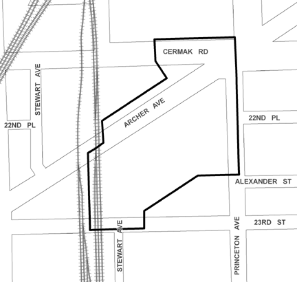 Archer Courts TIF district map, roughly bounded on the north by Cermak Road, 23rd Street on the south, Princeton Avenue on the east, and the Norfolk Southern Railway tracks on the west.